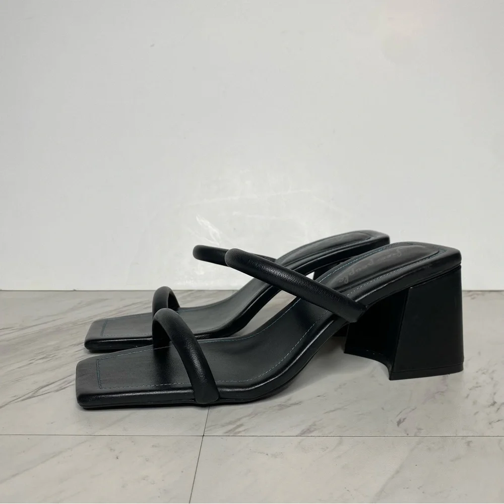 New! Free People Parker Double Strap Square Toe Black Leather Heeled Sandal 41